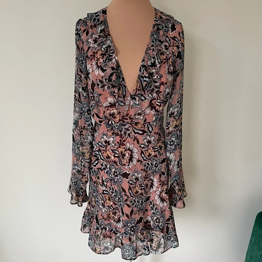 For Love & Lemons Gracie Nude Dusty Rose Floral Long Sleeve Mini Dress EUC Sz M